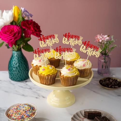 24Pcs Happy Birthday Cupcake Toppers Double Layer Glitter Happy Birthday Cake Decorations for Christmas Theme Baby Shower Anniversary Party Decorations Supplies Red Gold (24 Count)