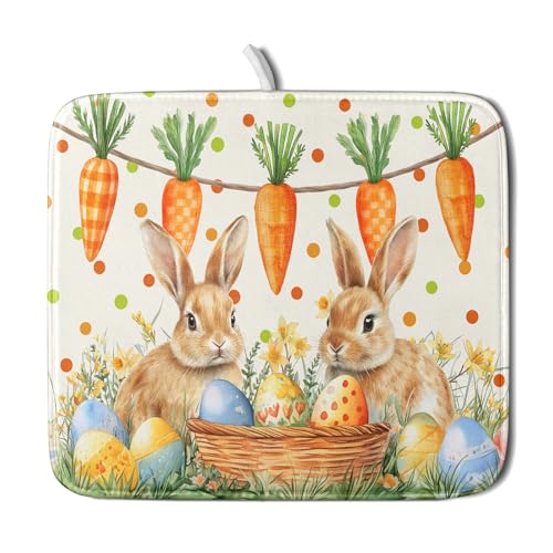 Easter Bunny Dish Drying Mat Eggs Carrot Dishes Drainer Pad Absorbent Reversible Dish Rack Mat Protector for Kitchen Countertop 16x18 Inch
