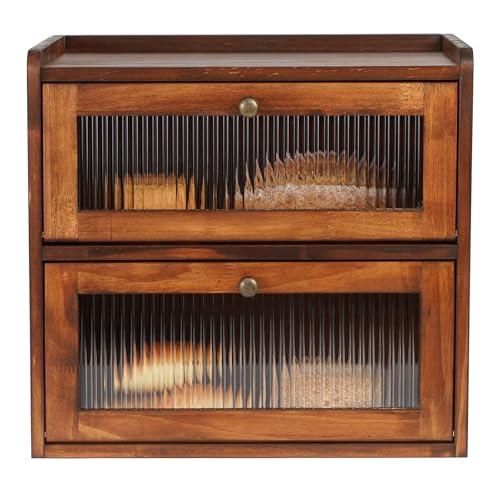 Bread Box for Kitchen Countertop Wooden Bread Storage Container Bin 2 Layer Breadbox Holder Large Capacity Keeper Vintage Farmhouse Food Organizer Pantry Shelf Acrylic Window