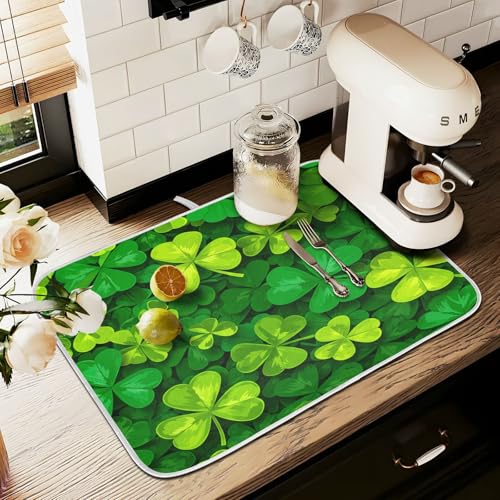 Patricks Day Shamrocks Lucky Clover Leaves Dish Drying Mat for Kitchen Counter Absorbent Microfiber Large Drying Pad Dish Mats for Kitchen Countertops 18 x 24 Inch