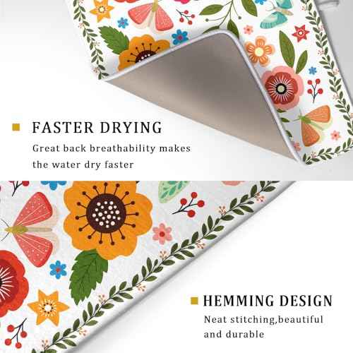 Colorful Boho Floral Dish Drying Mat 18x24 Inch Dishes Dry Pad Drainer Rack Mats Absorbent Hanging Loop Kitchen Counter Bar Accessories