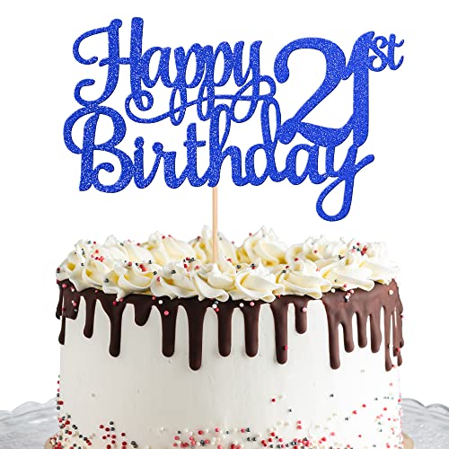 1 PCS Happy 21st Birthday Cake Topper Glitter Cheers to 21 Years Cake Pick 21 Fabulous Cake Decoration for 21st Birthday Theme Party Decorations Supplies Blue