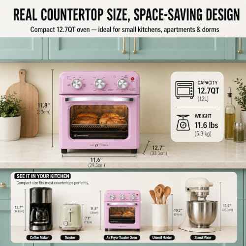 6-in-1 Retro Air Fryer Toaster Oven Combo, Compact 12.7 QT Small Countertop Convection Oven, Fits 9" Pizza & 4 Toast, Hexagon Hybrid Heating, Enamel Baking Pan Included, Pink Color