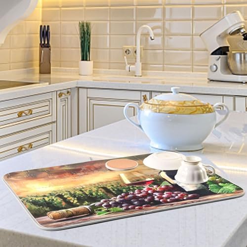 Grapes Wine Glass Bottle Dish Drying Mat for Kitchen Counter Absorbent Microfiber Drying Pad