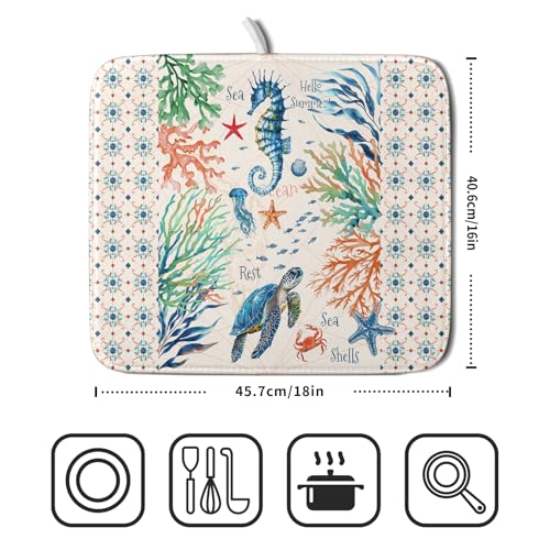 Nautical Coastal Dish Drying Mat Sea Turtle Seahorse Dish Drainer Pad 16"x18" Microfiber Reversible Fast Dry Pad for Kitchen Counter Decor