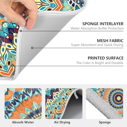 Bohemian Mandala Dish Drying Mat for Kitchen Counter Absorbent Microfiber Small Boho Ethnic Drying Pad Dish Mats for Kitchen Countertops 16 x 18 Inch