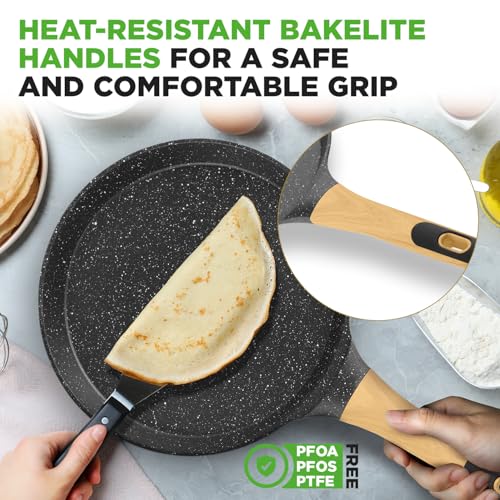 2-Pack Non-Stick Crepe Pan Set – 11” Marble Coated Dosa Pans with Wooden Spreaders, Bakelite and Wood Handles, Induction-Compatible, Easy-to-Clean, Stain-Resistant (Black Marble) (2 Count)