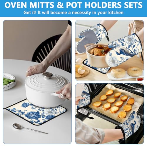 Blue Bird Blooming Flower Oven Mitts and Pot Holders Sets Heat Resistant 4Pcs Potholders Oven Gloves Hot Pads for Kitchen Baking Cooking Grilling BBQ (4 Count)