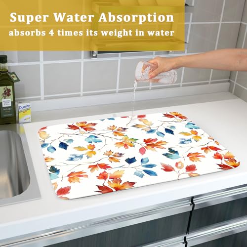 Autumn Leaf Dish Drying Mat Large Fall Colorful Leaves Absorbent Dish Drain Mats for Kitchen Counter
