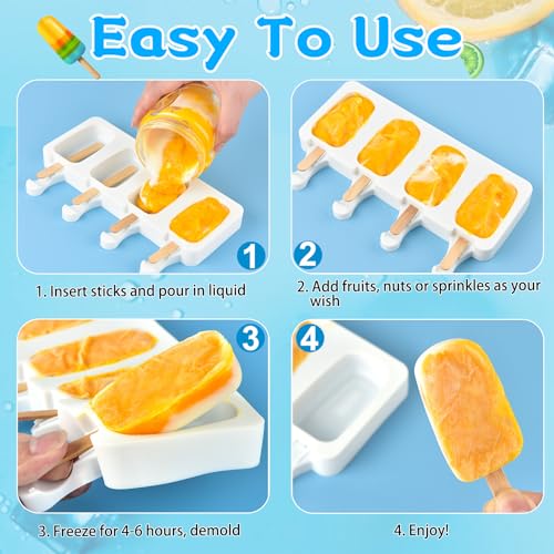 8 Set Silicone Popsicle Molds 4 Cavities Ice Cream Oval Cake Molds with 400 Sticks (8 Count)