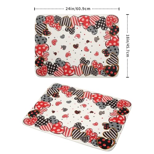 Red Heart Dish Drying Mat 18"x24" Love Dots Microfiber Dish Drainer Rack Mat Holiday Absorbent Fast Dry Pad for Kitchen Counter Home Decor