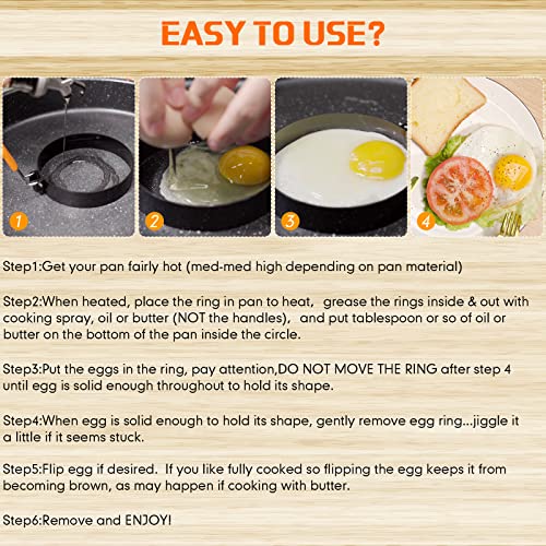 6 Pcs Egg Ring Pancake Ring Set Stainless Steel Fried Egg Molds Griddle Pancake Shapers with Silicone Handle for Breakfast Omelette Sandwich