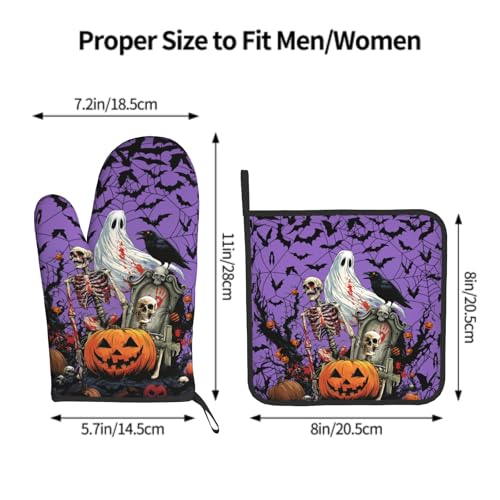 Halloween Pumpkin Oven Mitts and Pot Holder Set of 2 Spooky Ghost Bat Heat Resistant Kitchen Gloves Hot Pad for Baking Cooking Grilling BBQ