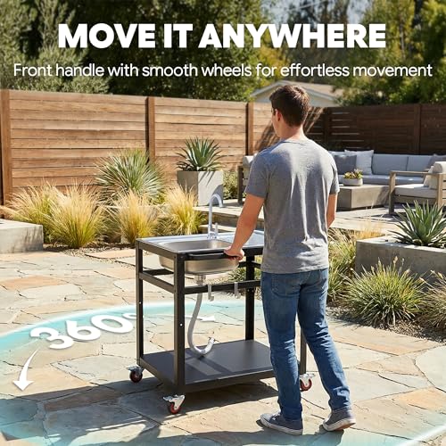 35" Movable Outdoor Grill Cart with Stainless Steel Sink & Faucet