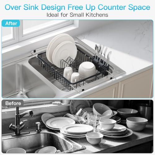 Gray Dish Drying Rack Over the Sink with Utensil Holder