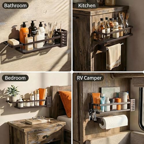 5-in-1 Shower Caddy & Kitchen Organizer Set, Wall Mount Wide Spice Rack with Paper Towel Holder, Utensil Holder, Soap Dish, Rustproof Mesh Baskets Hold 50LBS - Vintage Bronze, Guardrail