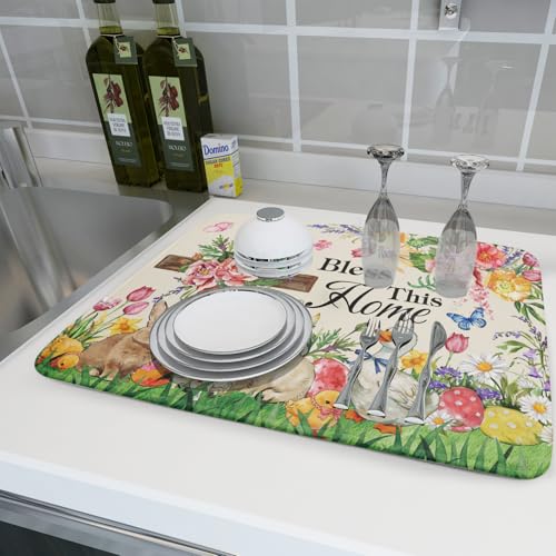 Easter Farmhouse Dish Drying Mat Funny Animal Microfiber Dish Pad for Kitchen Counter Large 18 X24 In
