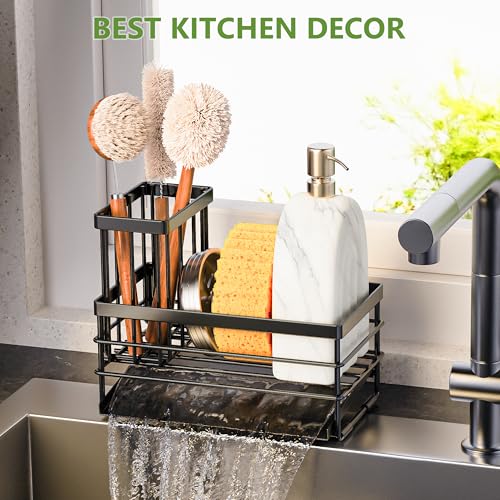 Sink Caddy Sponge Holder for Kitchen with Brush Holder and Stainless Steel Self Drain Tray
