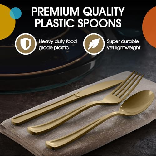 Party Solids Gold Plastic Spoons 200 Pieces Gold Spoons Disposable Utensils Heavy Duty Plastic Cutlery Set Disposable Cutlery Sets Flatware Sets Silverware Set Party Supplies & Party Tableware (200 Count)