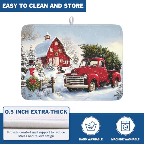 Red Truck Dish Drying Mat Winter Xmas Tree Drainer Rack Pad 18"x24" Microfiber Absorbent Quick Dry Dish Sink Mat for Table Kitchen Counter
