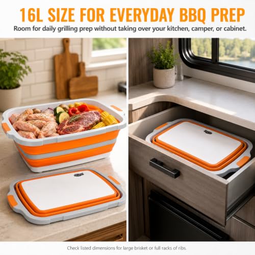 BBQ Prep Tub 16L Orange Collapsible Wash Basin with Drain Plug (4.2 Count)