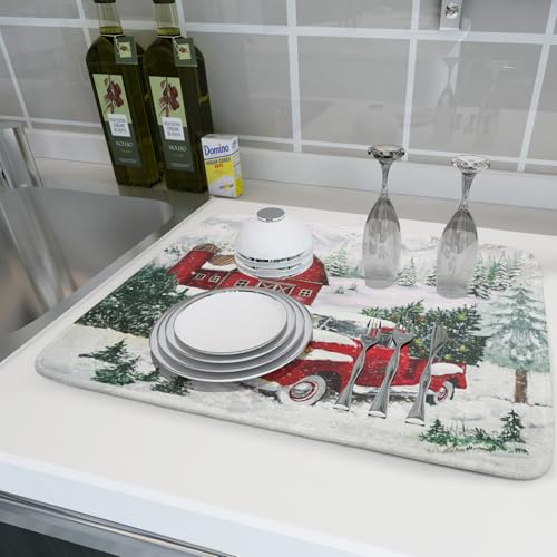 Winter Red Truck Dish Drying Mat Christmas Tree Dishes Pad 18x24 Inch Dish Drainer Rack Mats Absorbent Fast Dry Kitchen Holiday Accessories