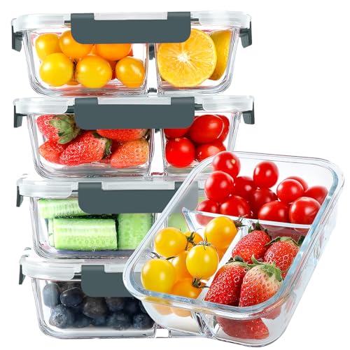 Glass Meal Prep Containers 3 Compartments (5 Count)