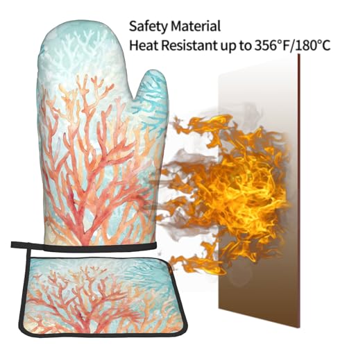 Coastal Coral Oven Mitts and Pot Holder Set of 2 Beach Ocean Heat Resistant Kitchen Oven Mittens Potholders for Baking Cooking Grilling BBQ