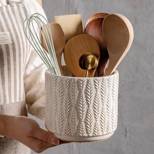 Utensil Holder Rustic Farmhouse Ceramic Utensil Crock for Countertop 5.3