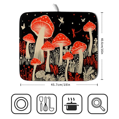 Red Mushroon Dish Drying Mat for Kitchen Counter Black Microfiber Absorbent Dish Pad Small