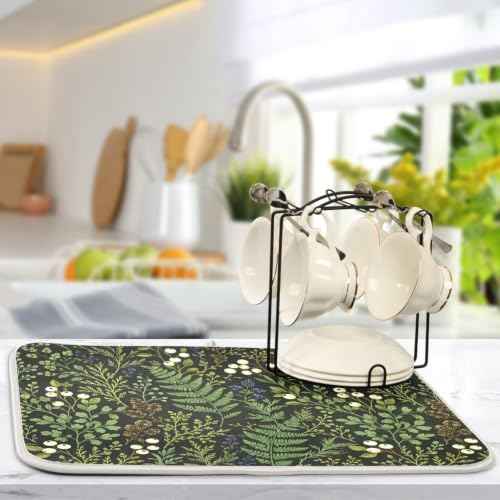 Sage Leaves Botanical Berry Plant Dish Drying Mat for Kitchen Counter Absorbent Microfiber Drying Pad