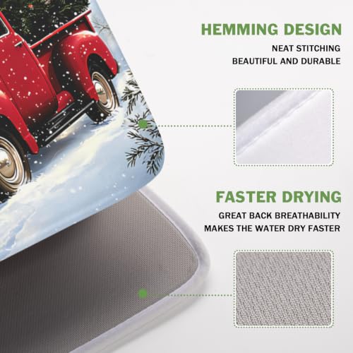 Red Truck Dish Drying Mat Winter Xmas Tree Drainer Rack Pad 16"x18" Microfiber Absorbent Quick Dry Dish Sink Mat for Table Kitchen Counter