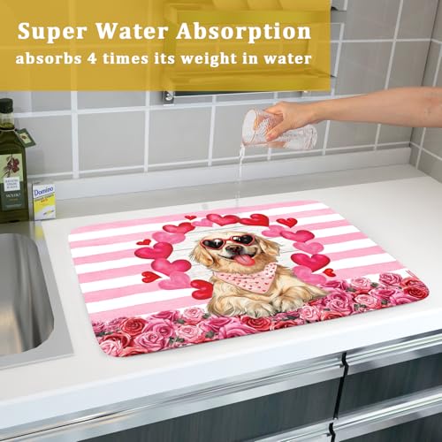Valentine's Day Dog Dish Drying Mat for Kitchen Counter 18x24 inch Heart Rose Absorbent Dish Drainer Rack Mats for Coffee Bar Countertop