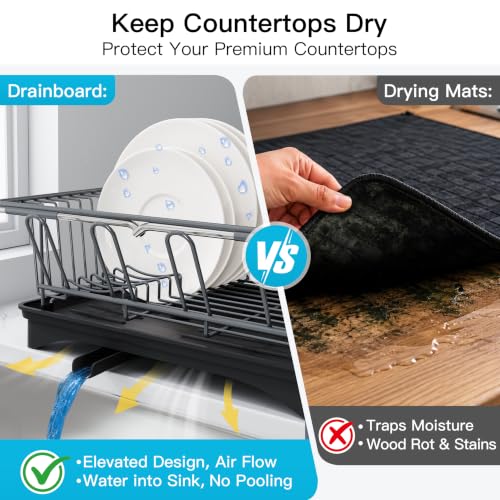 Gray Dish Drying Rack in Sink with Drainboard and Utensil Holder