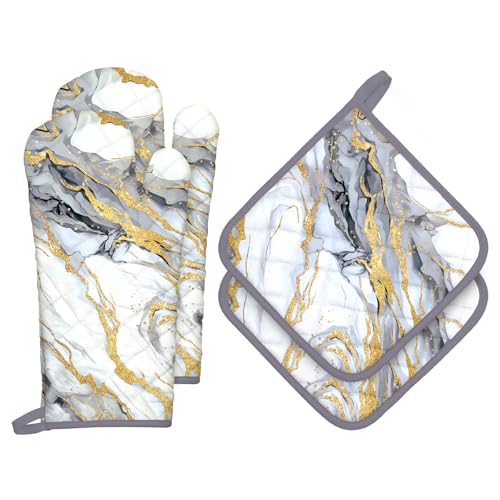 White Gold Marble Oven Mitts and Pot Holders Sets 4Pcs (4 Count)
