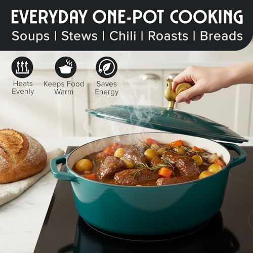 MUELLER HOME 5.5 Quart Enameled Cast Iron Oval Dutch Oven with Rooster Knob and Cotton Potholders