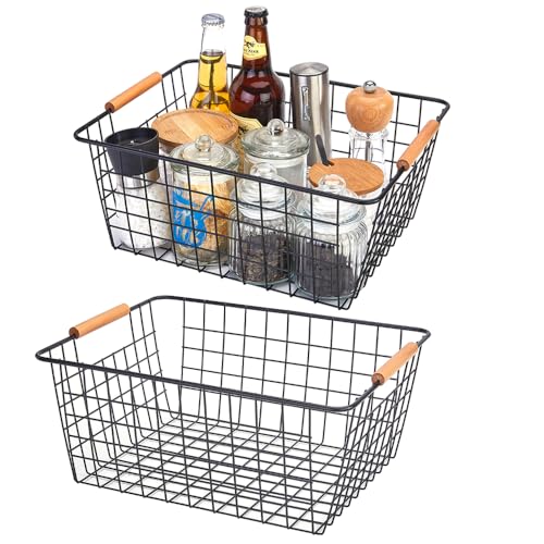 Large black wire basket for Organizing with Wooden Handles