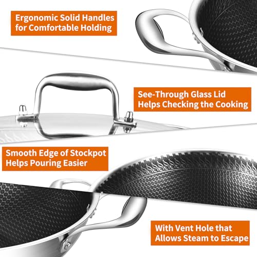 13 Inch Stainless Steel Nonstick Wok Pan with Lid 5.5Qt Pot