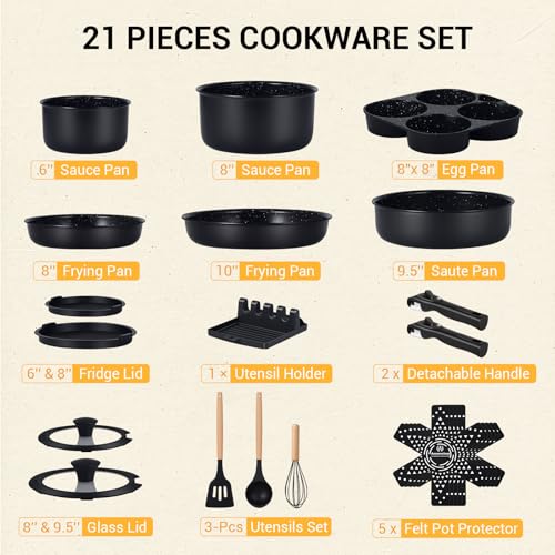 21 Piece Ceramic Pots and Pans Set Non Stick with Detachable Handles and Egg Frying Pan