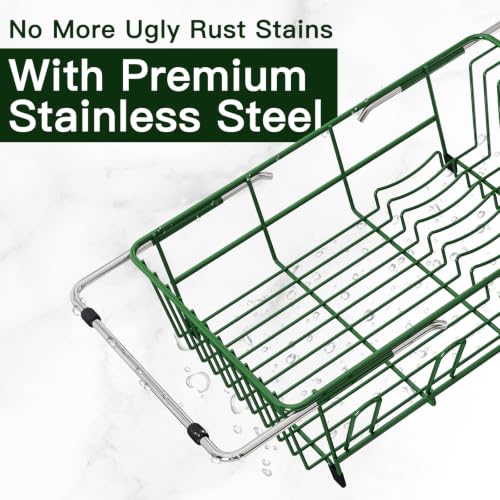 Green Expandable Dish Drying Rack Over Sink with Extra Drainboard