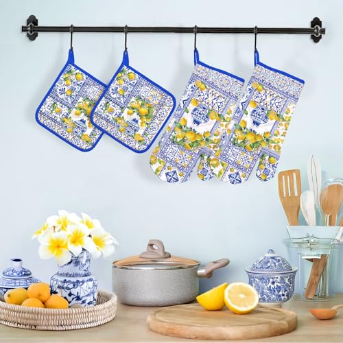 Yellow Lemon Oven Mitts and Pot Holders Set (4 Count)