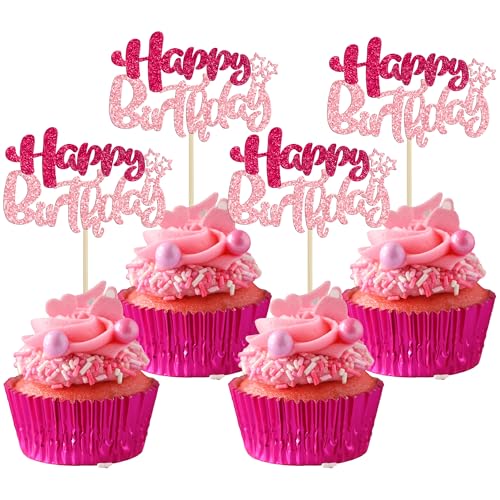 24Pcs Happy Birthday Cupcake Toppers Double Layer Glitter Happy Birthday Cake Decorations for Celebrating Baby Shower Theme Kids Boys Girls Birthday Anniversary Party Supplies Rose Red Pink (24 Count)