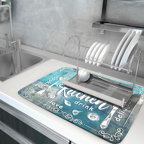 Blue Grey Dish Drying Mat 18x24 Inch Cooking Delicious Absorbent Drying Pad Heat Resistant Dish Drainer Mats for Kitchen Countertop