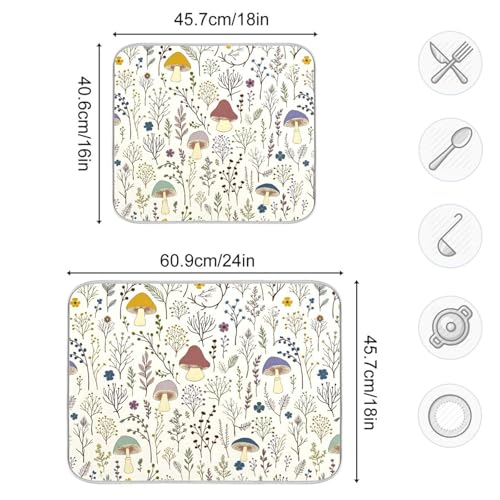 Cute Mushroom Wild Plant Dish Drying Mat for Kitchen Counter Absorbent Microfiber Drying Pad