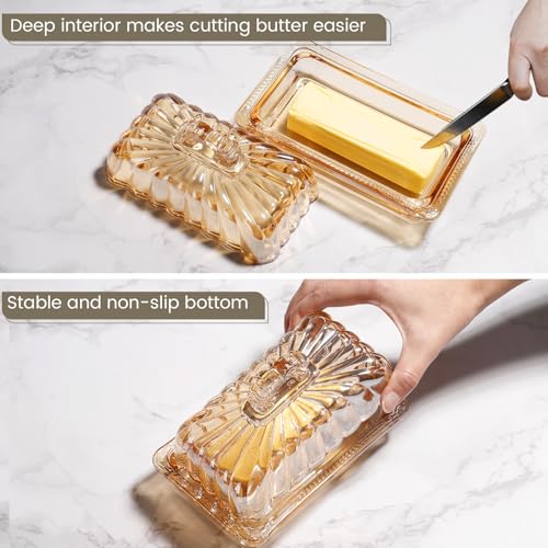 Vintage Fancy Amber Glass Butter Dish with Arch Handle Lid