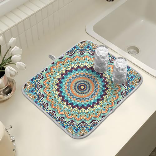 Bohemian Mandala Dish Drying Mat for Kitchen Counter Absorbent Microfiber Large Boho Ethnic Drying Pad Dish Mats for Kitchen Countertops 18 x 24 Inch