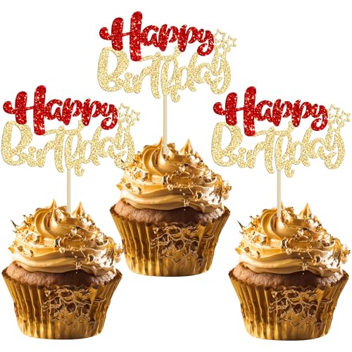 24Pcs Happy Birthday Cupcake Toppers Double Layer Glitter Happy Birthday Cake Decorations for Christmas Theme Baby Shower Anniversary Party Decorations Supplies Red Gold (24 Count)