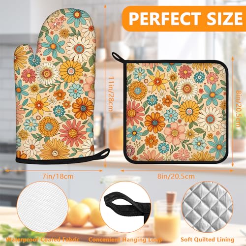 Boho Floral Oven Mitts and Colorful Flowers Pot Holders Sets 4Pcs