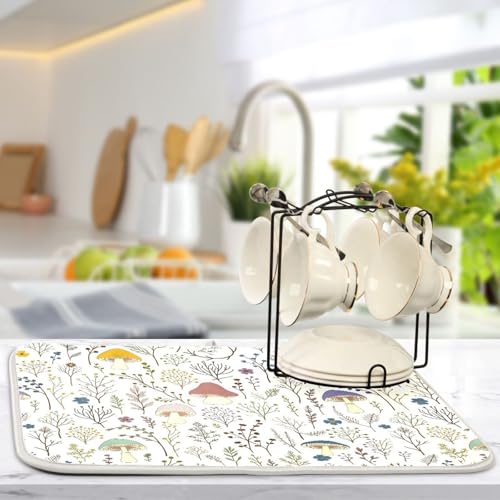 Cute Mushroom Wild Plant Dish Drying Mat for Kitchen Counter Absorbent Microfiber Drying Pad