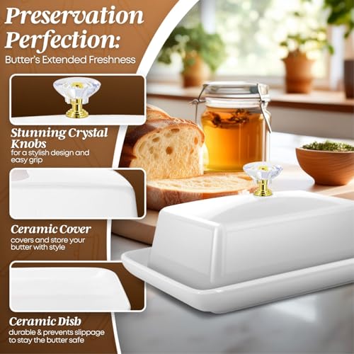 Large Ceramic Butter Dish with Lid & Crystal Handle